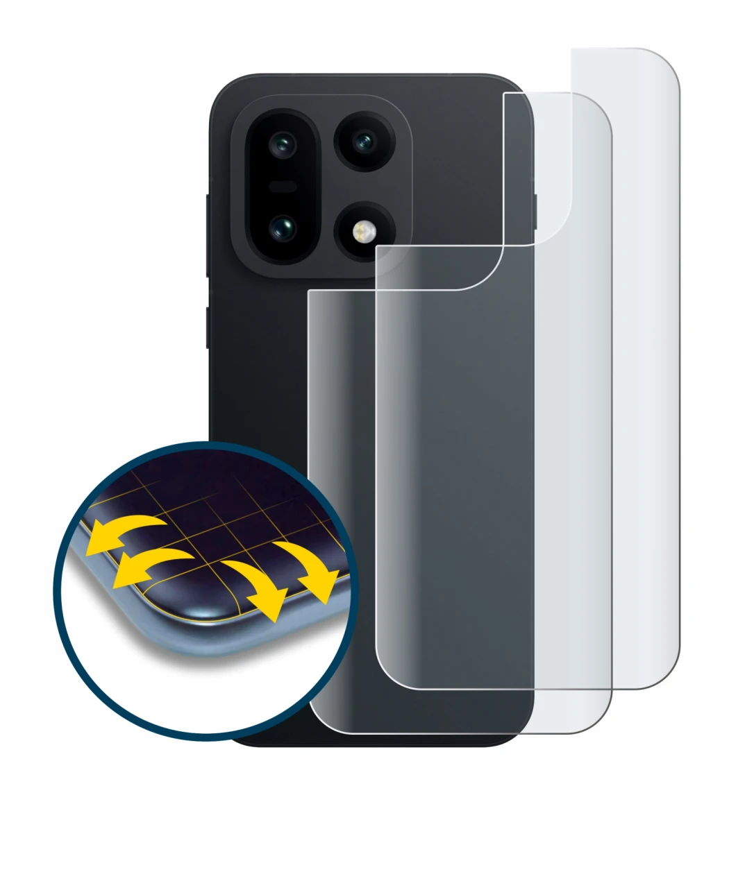 Abbildung des Geräts OnePlus 15 (Rückseite) mit einer Vielzahl des Displayschutzes.