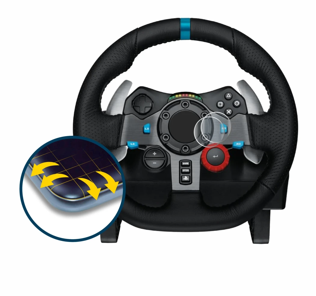 Abbildung des Geräts Logitech G29 Driving Force Gaming Rennlenkrad mit einer Vielzahl des Displayschutzes.