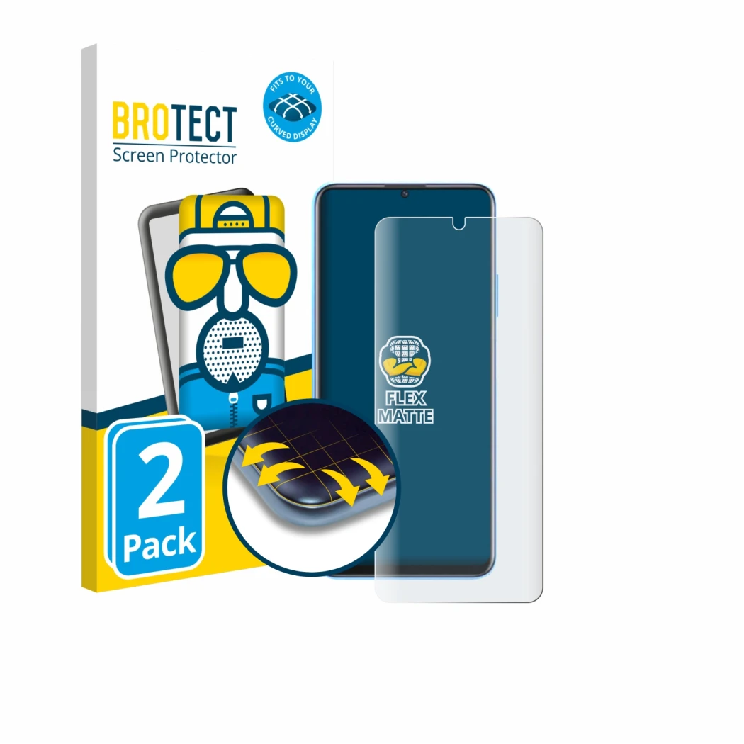 Vorderseite einer Produktverpackung mit dem Markenlogo BROTECT. Daneben ist das Gerät Huawei Enjoy 70z mit dem zugehörigen Dis