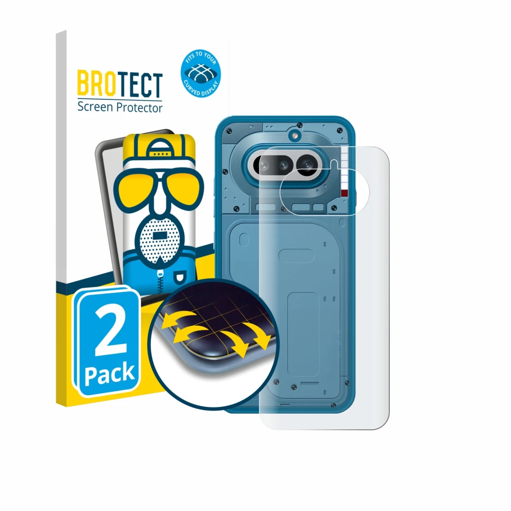 Vorderseite einer Produktverpackung mit dem Markenlogo BROTECT. Daneben ist das Gerät Nothing Phone (4a) (Rückseite) mit dem z