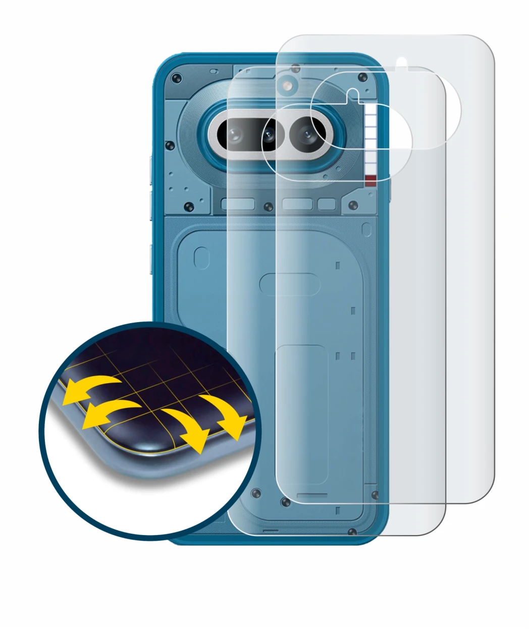 Abbildung des Geräts Nothing Phone (4a) (Rückseite) mit einer Vielzahl des Displayschutzes.