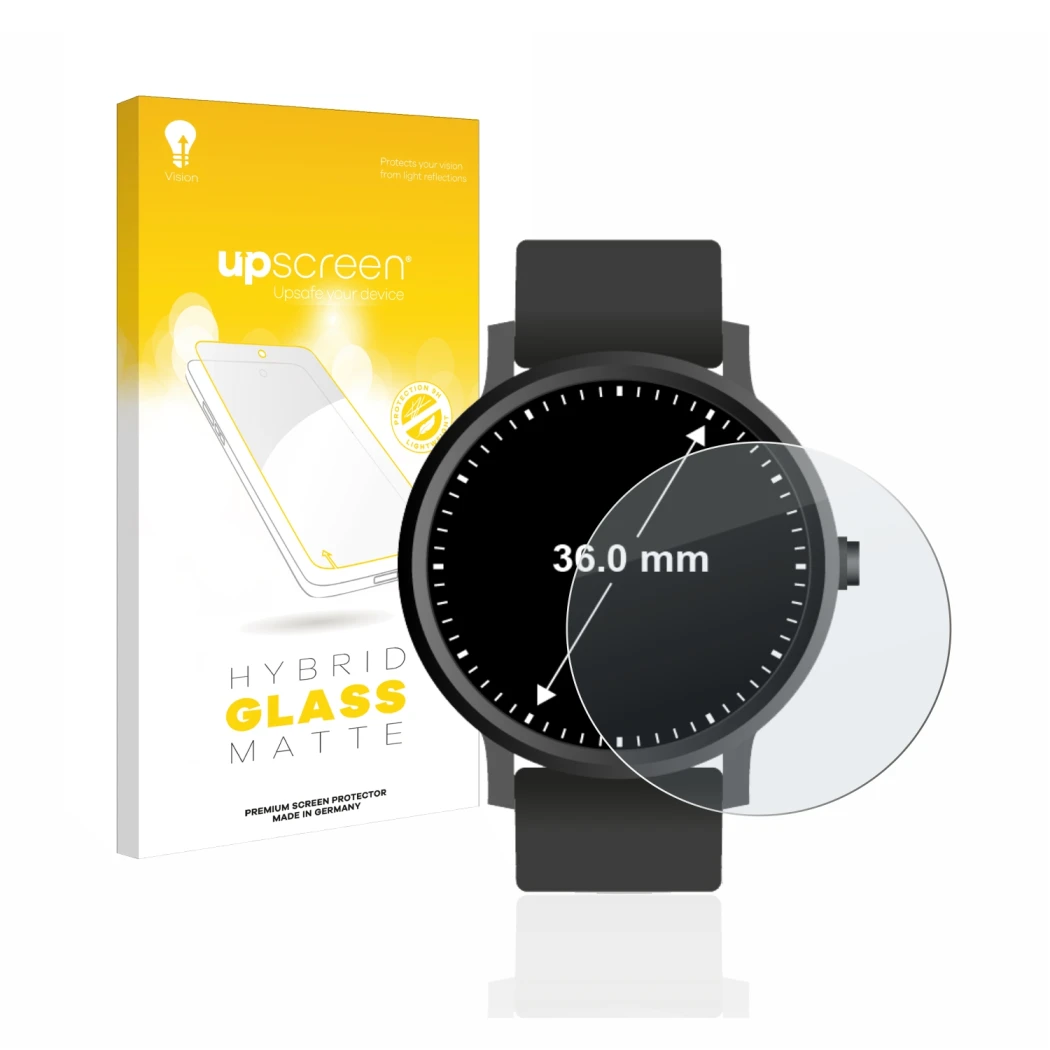 Vorderseite einer Produktverpackung mit dem Markenlogo upscreen. Daneben ist das Gerät Armbanduhren (Kreisrund, ø: 36 mm) mit 