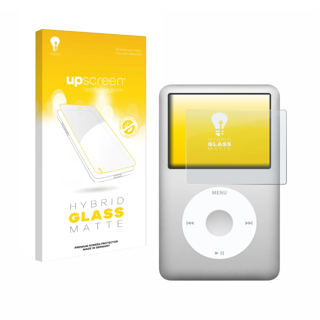 Vorderseite einer Produktverpackung mit dem Markenlogo upscreen. Daneben ist das Gerät Apple iPod classic 160 GB (7. Gen.) mit
