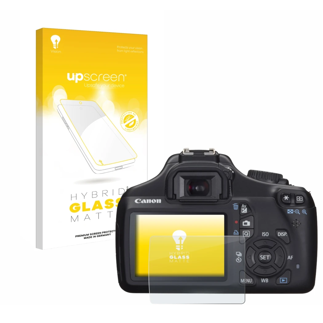 Vorderseite einer Produktverpackung mit dem Markenlogo upscreen. Daneben ist das Gerät Canon EOS 1100D mit dem zugehörigen Dis