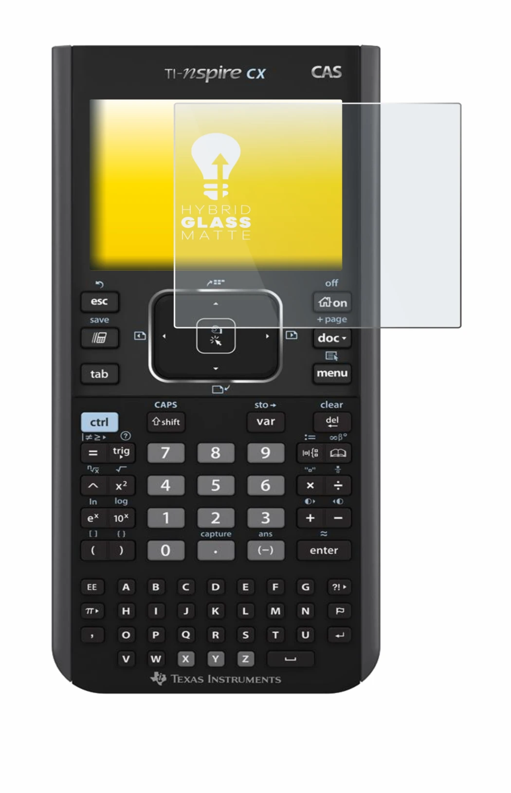 Abbildung des Geräts Texas Instruments Nspire CX CAS mit einer Vielzahl des Displayschutzes.