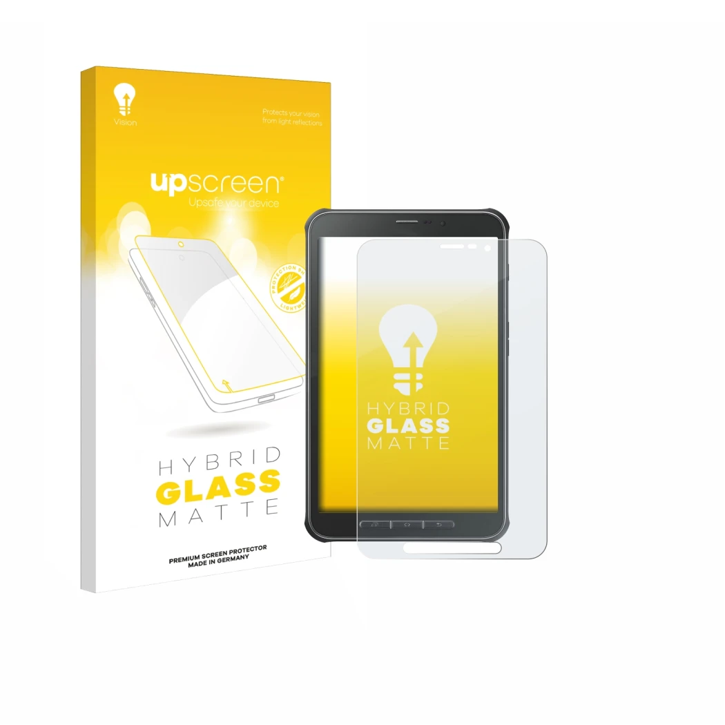 Vorderseite einer Produktverpackung mit dem Markenlogo upscreen. Daneben ist das Gerät Samsung Galaxy Tab Active SM-T365 mit d