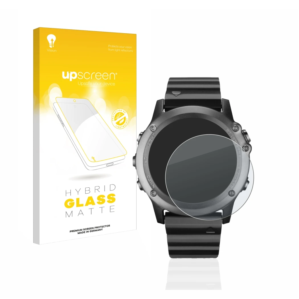 Vorderseite einer Produktverpackung mit dem Markenlogo upscreen. Daneben ist das Gerät Garmin Fenix 3 mit dem zugehörigen Disp