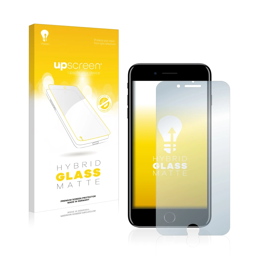 Vorderseite einer Produktverpackung mit dem Markenlogo upscreen. Daneben ist das Gerät Apple iPhone 7 Plus mit dem zugehörigen