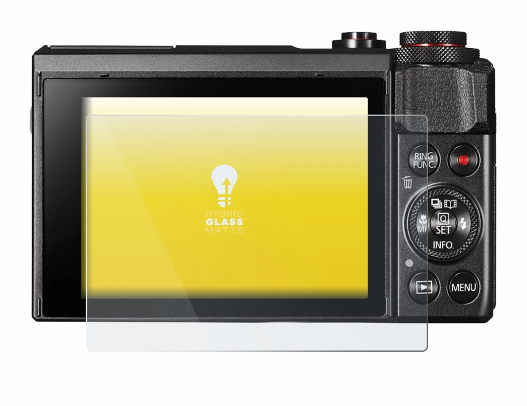 Abbildung des Geräts Canon PowerShot G7 X Mark II mit einer Vielzahl des Displayschutzes.