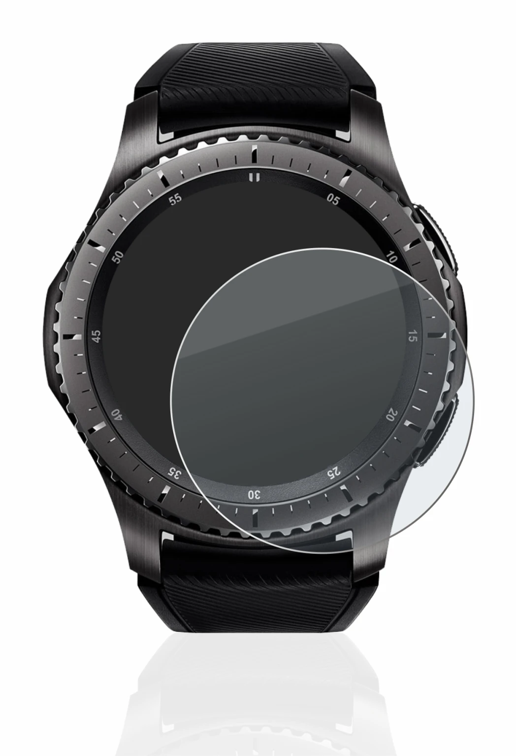 Abbildung des Geräts Samsung Gear S3 Frontier mit einer Vielzahl des Displayschutzes.