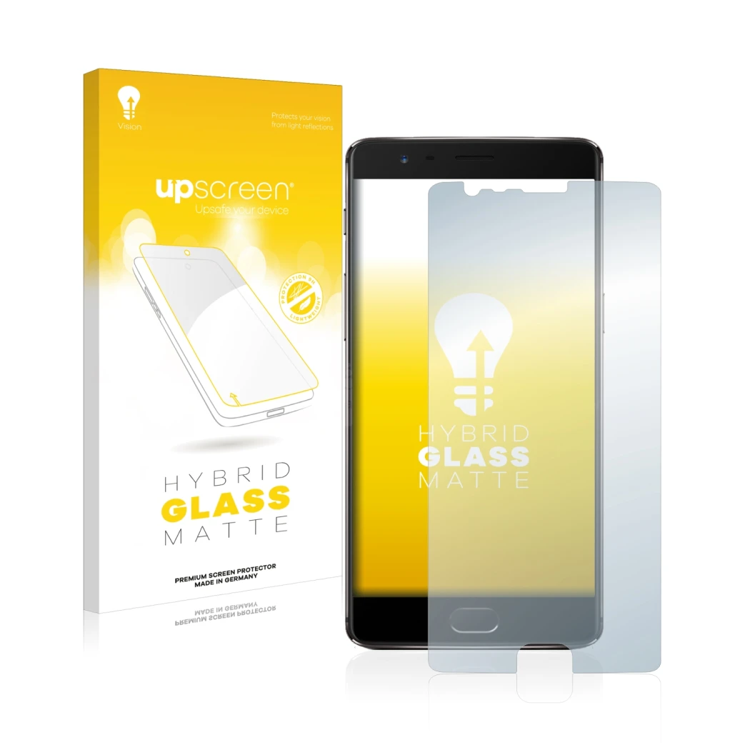 Vorderseite einer Produktverpackung mit dem Markenlogo upscreen. Daneben ist das Gerät OnePlus 3T mit dem zugehörigen Displays