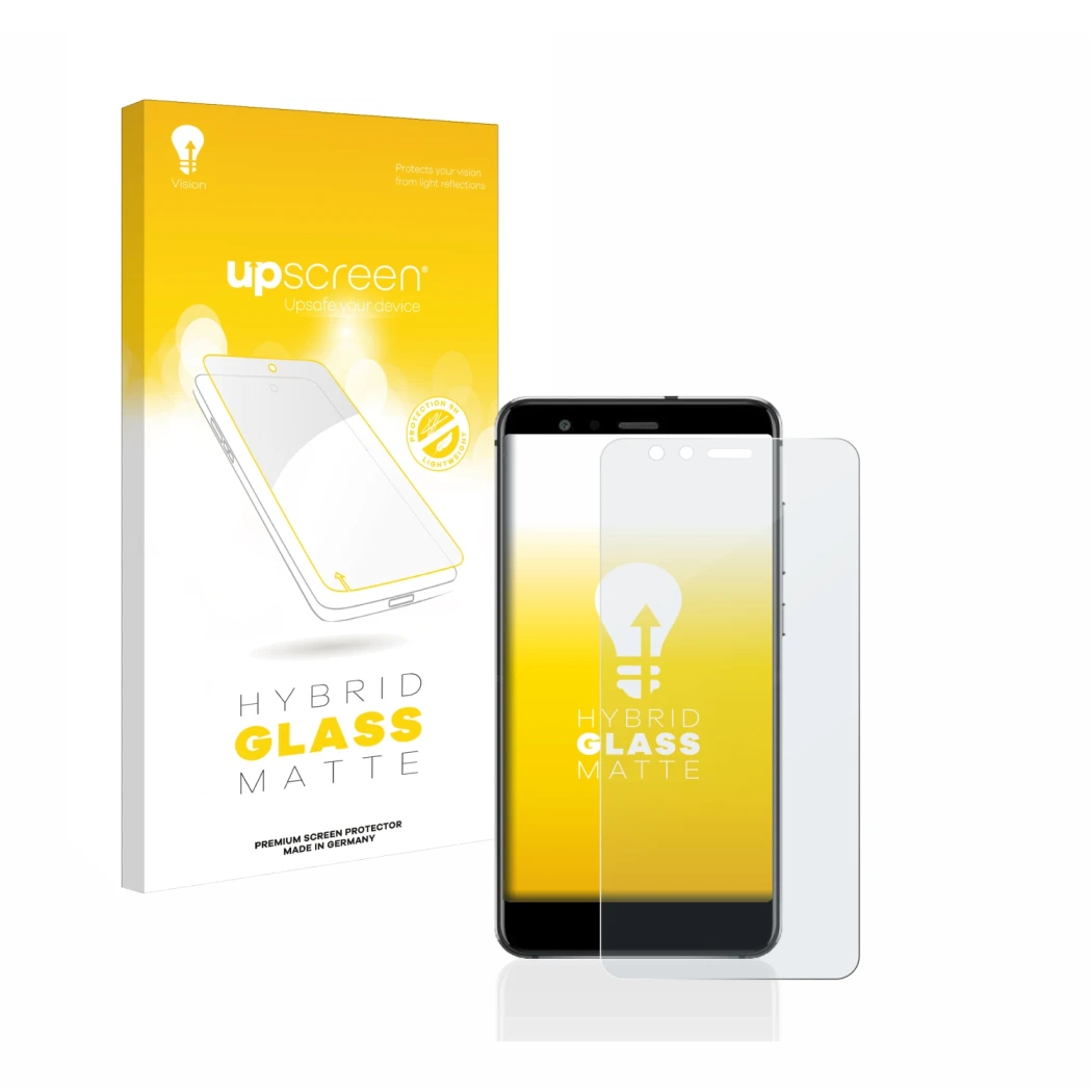 Vorderseite einer Produktverpackung mit dem Markenlogo upscreen. Daneben ist das Gerät Huawei P10 Lite mit dem zugehörigen Dis