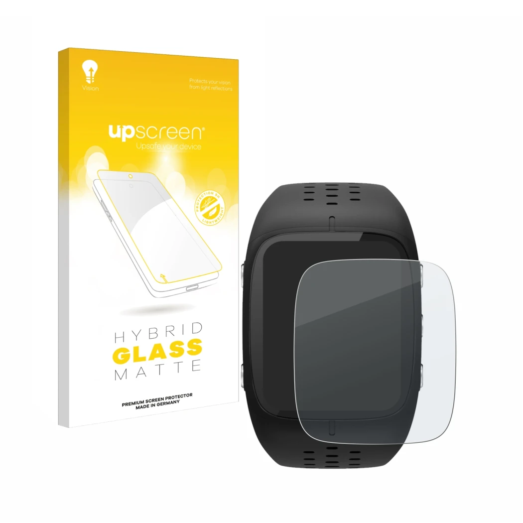 Vorderseite einer Produktverpackung mit dem Markenlogo upscreen. Daneben ist das Gerät Polar M430 mit dem zugehörigen Displays