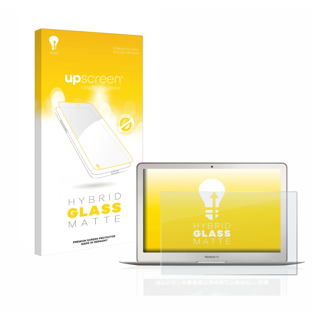 Vorderseite einer Produktverpackung mit dem Markenlogo upscreen. Daneben ist das Gerät Apple MacBook Air 13