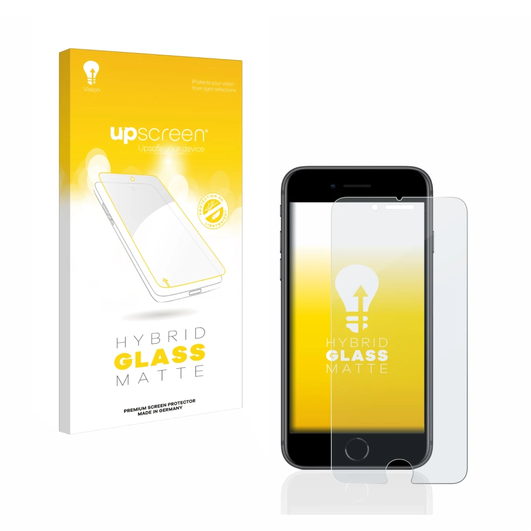 Vorderseite einer Produktverpackung mit dem Markenlogo upscreen. Daneben ist das Gerät Apple iPhone 8 mit dem zugehörigen Disp