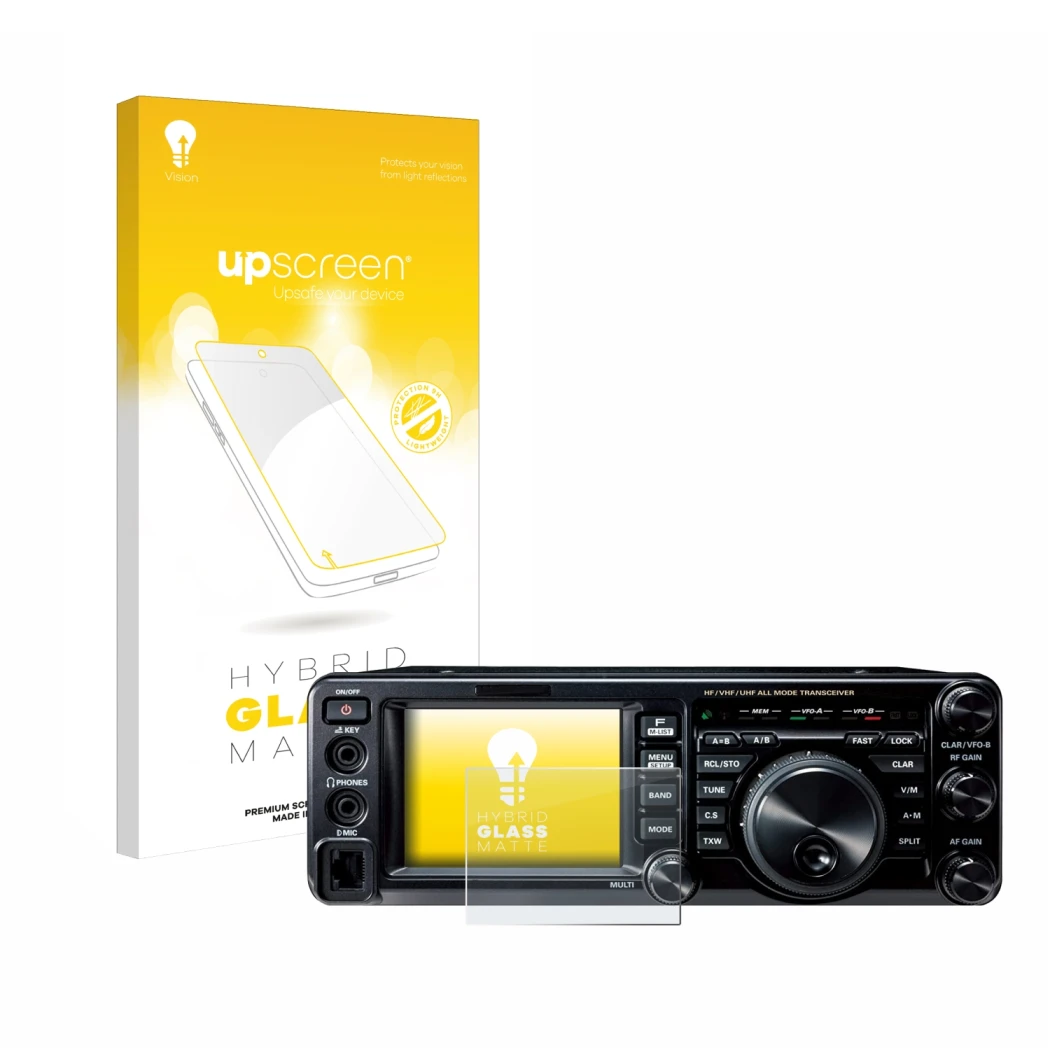 Vorderseite einer Produktverpackung mit dem Markenlogo upscreen. Daneben ist das Gerät Yaesu FT-991A mit dem zugehörigen Displ