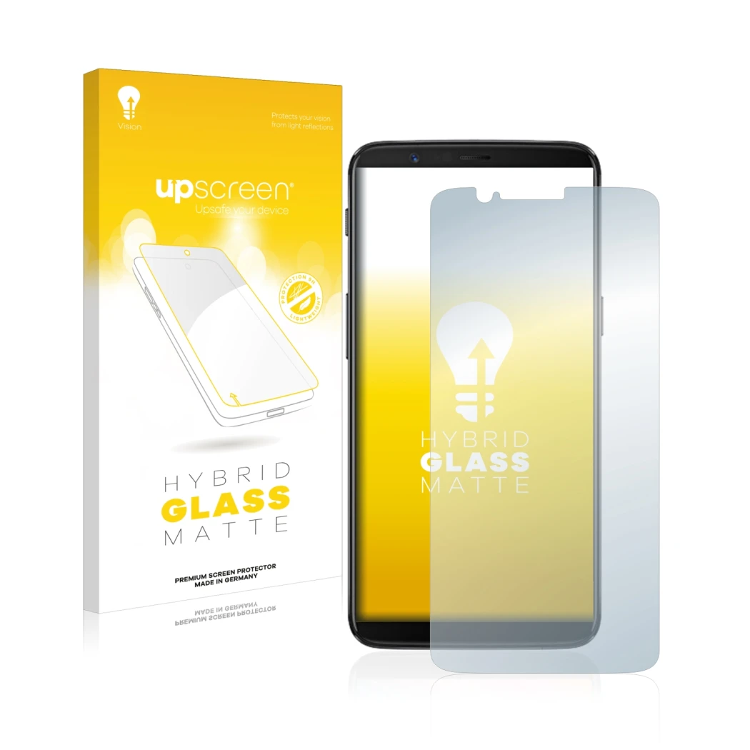 Vorderseite einer Produktverpackung mit dem Markenlogo upscreen. Daneben ist das Gerät OnePlus 5T mit dem zugehörigen Displays