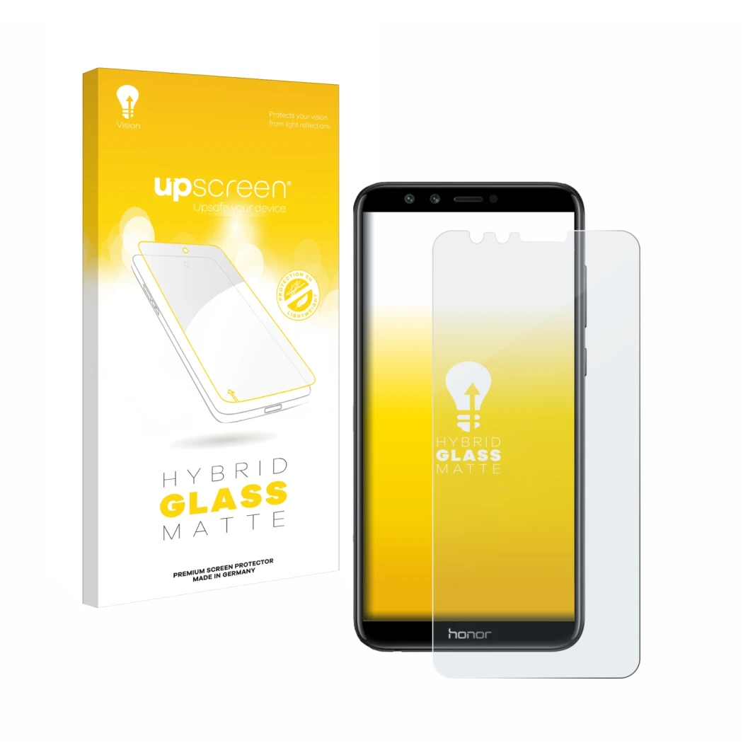 Vorderseite einer Produktverpackung mit dem Markenlogo upscreen. Daneben ist das Gerät Honor 9 Lite mit dem zugehörigen Displa