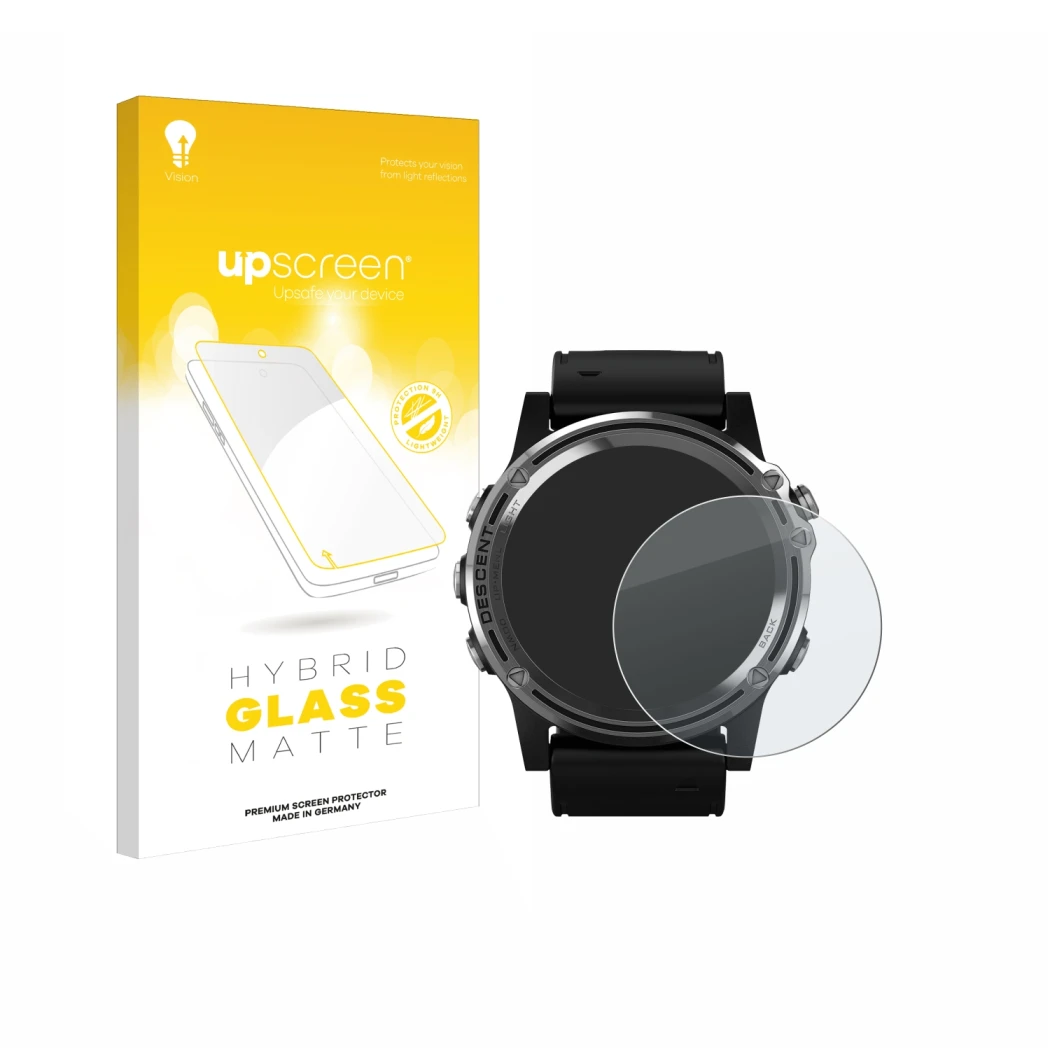 Vorderseite einer Produktverpackung mit dem Markenlogo upscreen. Daneben ist das Gerät Garmin Descent Mk1 mit dem zugehörigen 