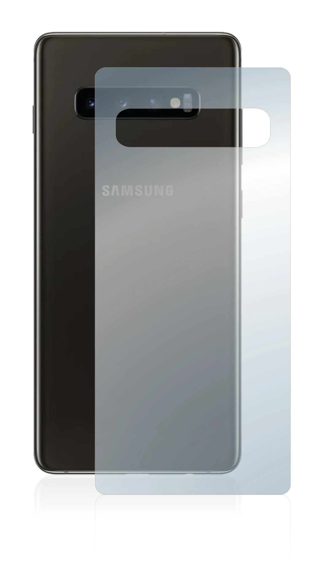 Abbildung des Geräts Samsung Galaxy S10 (Rückseite) mit einer Vielzahl des Displayschutzes.