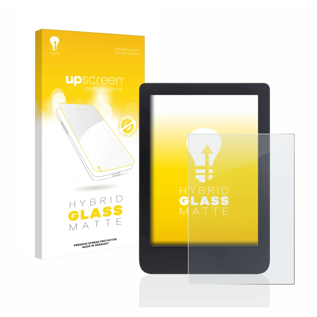 Vorderseite einer Produktverpackung mit dem Markenlogo upscreen. Daneben ist das Gerät Tolino Shine 3 mit dem zugehörigen Disp