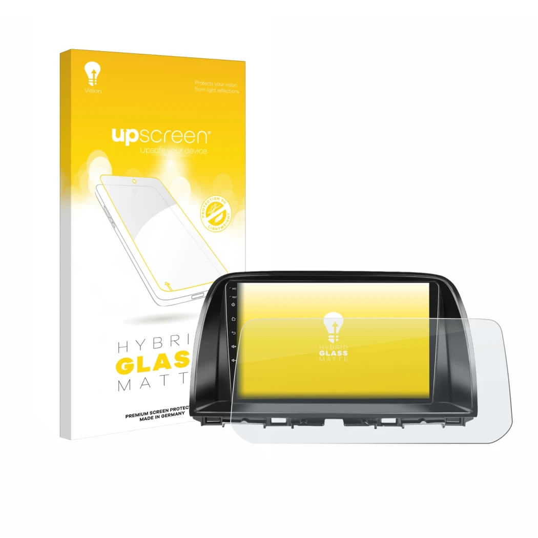 Vorderseite einer Produktverpackung mit dem Markenlogo upscreen. Daneben ist das Gerät Mazda CX-5 2017 Infotainment System mit