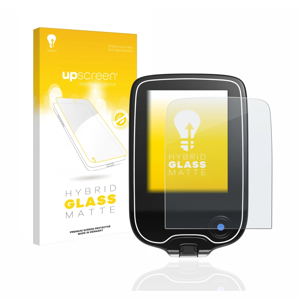 Vorderseite einer Produktverpackung mit dem Markenlogo upscreen. Daneben ist das Gerät Freestyle Libre 2 mit dem zugehörigen D