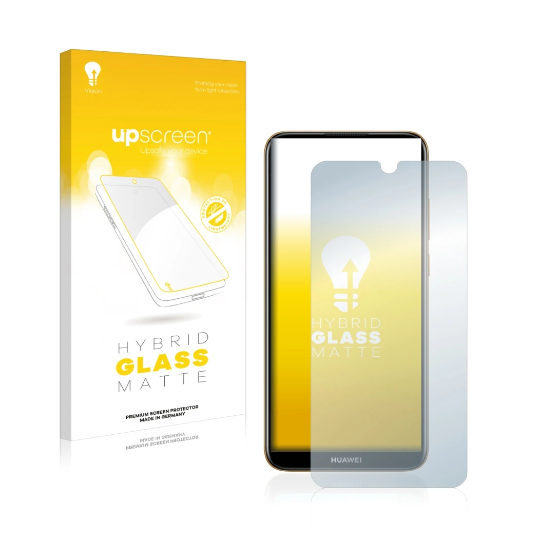 Vorderseite einer Produktverpackung mit dem Markenlogo upscreen. Daneben ist das Gerät Huawei Y6 2019 mit dem zugehörigen Disp