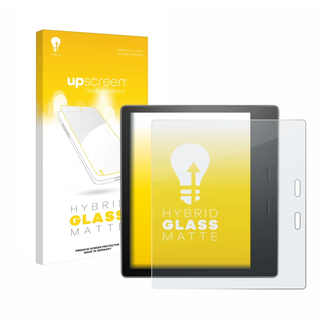 Vorderseite einer Produktverpackung mit dem Markenlogo upscreen. Daneben ist das Gerät Amazon Kindle Oasis 2019 (10. Gen.) mit