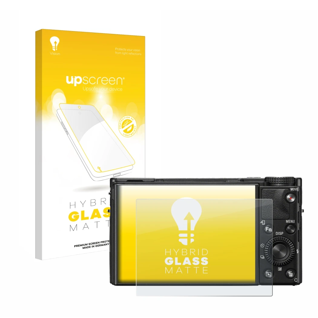 Vorderseite einer Produktverpackung mit dem Markenlogo upscreen. Daneben ist das Gerät Sony Cyber-Shot DSC-RX100 VII mit dem z