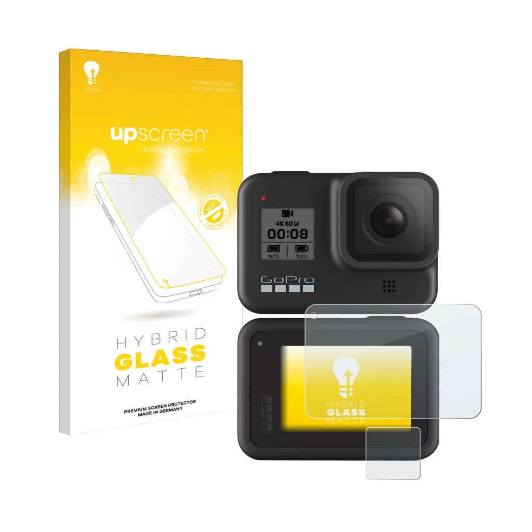 Vorderseite einer Produktverpackung mit dem Markenlogo upscreen. Daneben ist das Gerät GoPro Hero 8 Black mit dem zugehörigen 