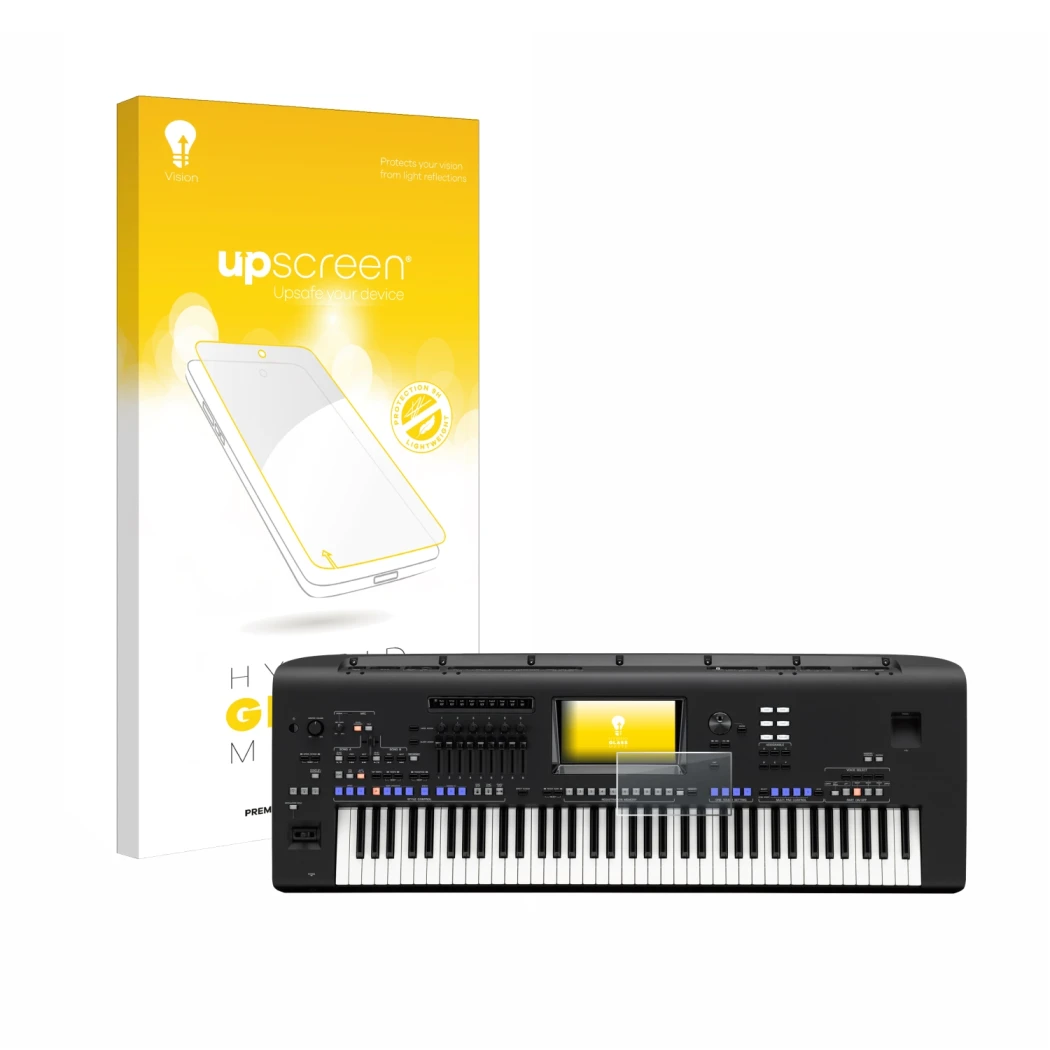 Vorderseite einer Produktverpackung mit dem Markenlogo upscreen. Daneben ist das Gerät Yamaha Genos mit dem zugehörigen Displa