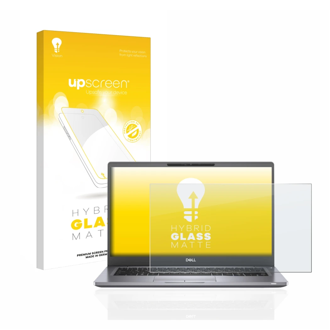 Vorderseite einer Produktverpackung mit dem Markenlogo upscreen. Daneben ist das Gerät Dell Latitude 7300 mit dem zugehörigen 