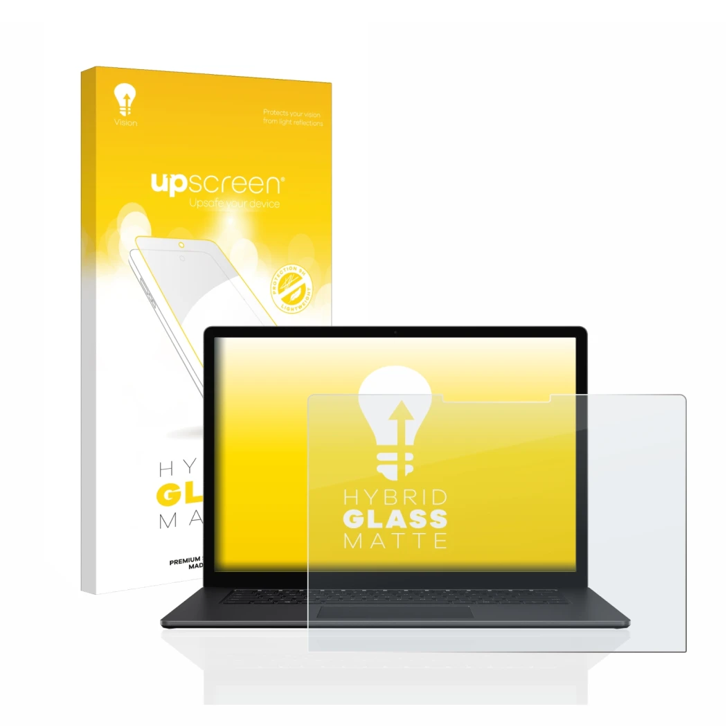 Vorderseite einer Produktverpackung mit dem Markenlogo upscreen. Daneben ist das Gerät Microsoft Surface Laptop 3 15