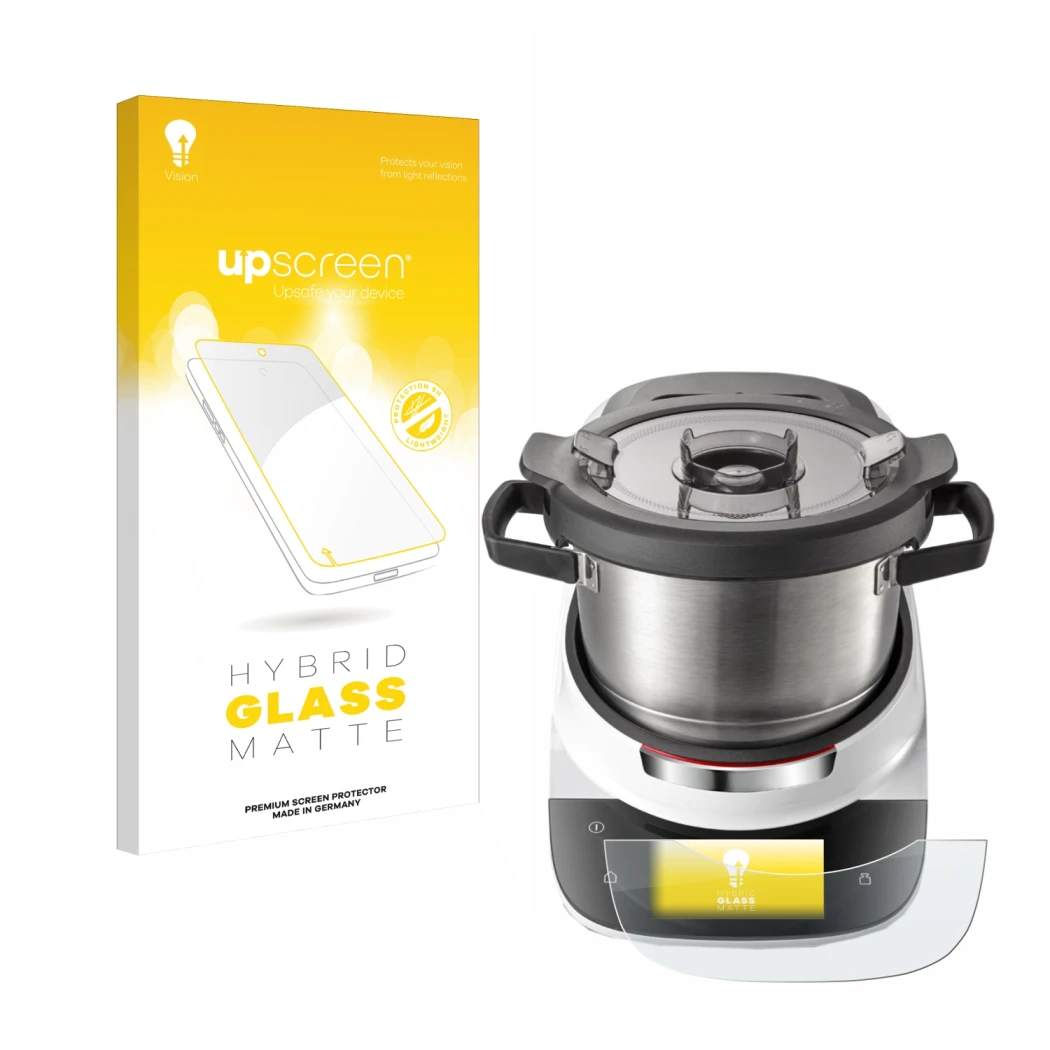 Vorderseite einer Produktverpackung mit dem Markenlogo upscreen. Daneben ist das Gerät Bosch Cookit mit dem zugehörigen Displa