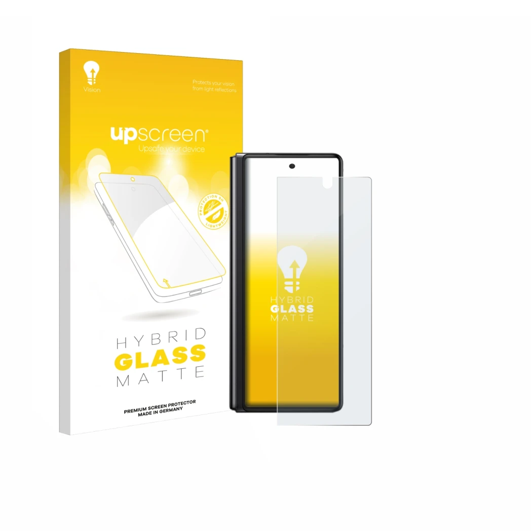 Vorderseite einer Produktverpackung mit dem Markenlogo upscreen. Daneben ist das Gerät Samsung Galaxy Z Fold 2 5G mit dem zuge