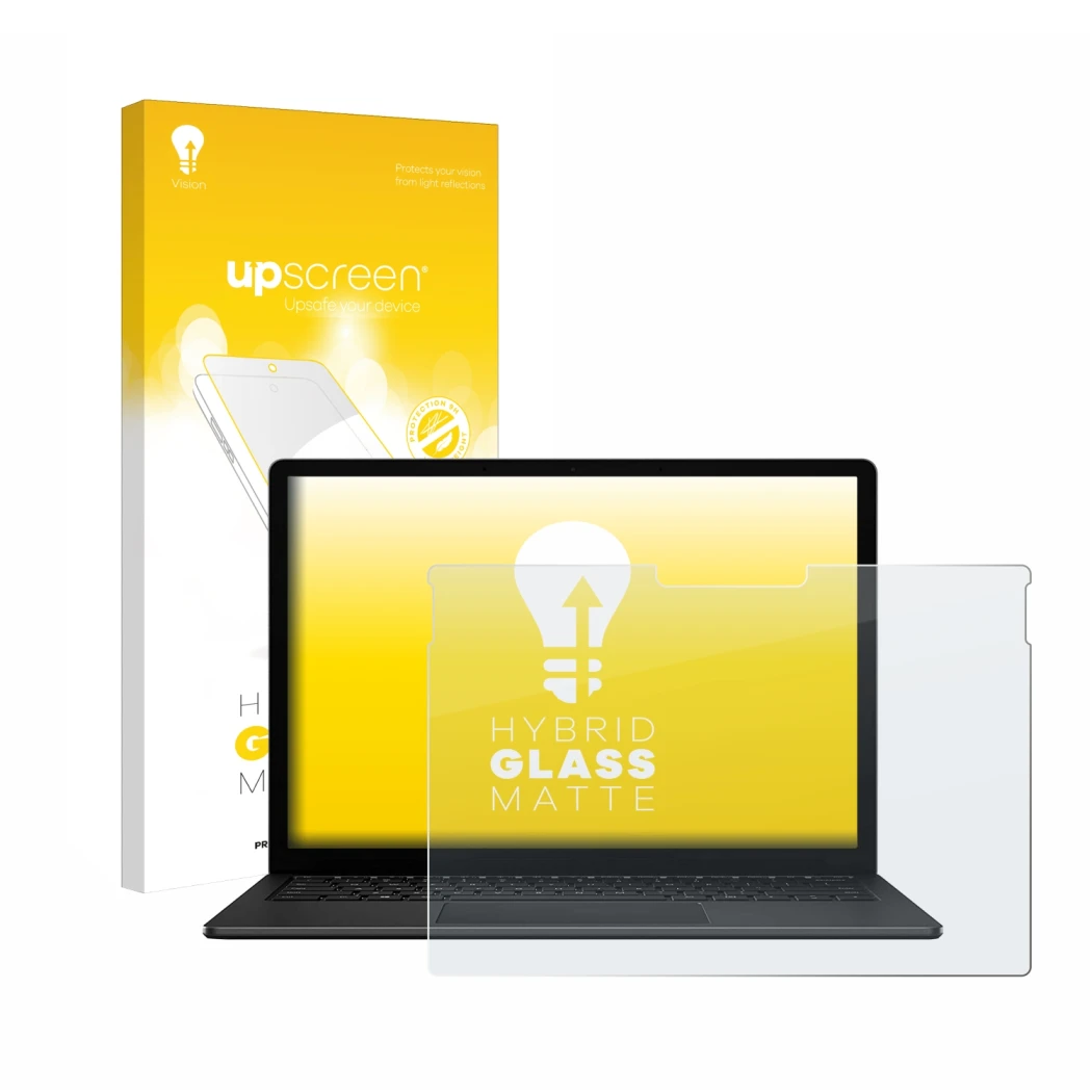 Vorderseite einer Produktverpackung mit dem Markenlogo upscreen. Daneben ist das Gerät Microsoft Surface Book 3 13.5