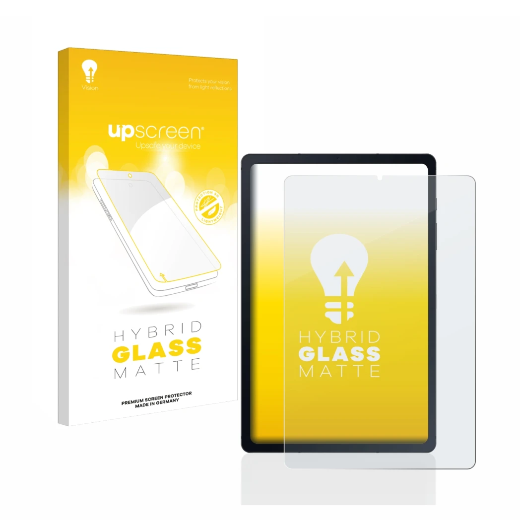 Vorderseite einer Produktverpackung mit dem Markenlogo upscreen. Daneben ist das Gerät Samsung Galaxy Tab S6 Lite LTE 2020 mit