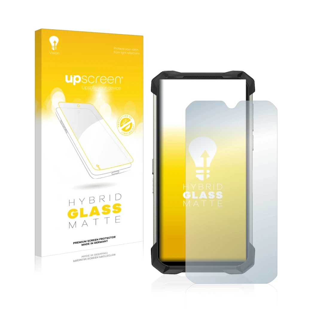 Vorderseite einer Produktverpackung mit dem Markenlogo upscreen. Daneben ist das Gerät Doogee S88 Pro mit dem zugehörigen Disp