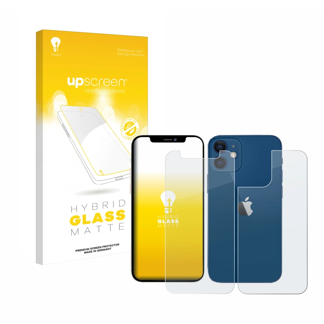 Vorderseite einer Produktverpackung mit dem Markenlogo upscreen. Daneben ist das Gerät Apple iPhone 12 mini (Display+Rückseite