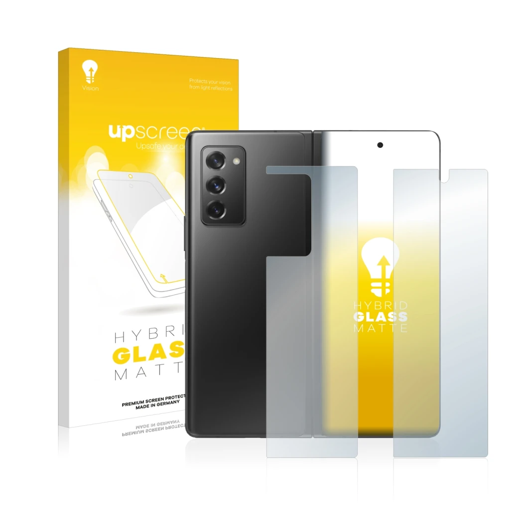 Vorderseite einer Produktverpackung mit dem Markenlogo upscreen. Daneben ist das Gerät Samsung Galaxy Z Fold 2 5G (Display+Rüc