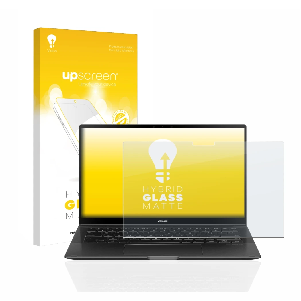 Vorderseite einer Produktverpackung mit dem Markenlogo upscreen. Daneben ist das Gerät ASUS ZenBook Flip 14 UX463FA mit dem zu