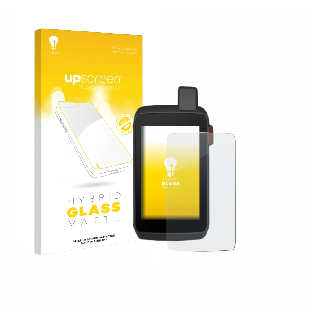 Vorderseite einer Produktverpackung mit dem Markenlogo upscreen. Daneben ist das Gerät Garmin Montana 700 mit dem zugehörigen 