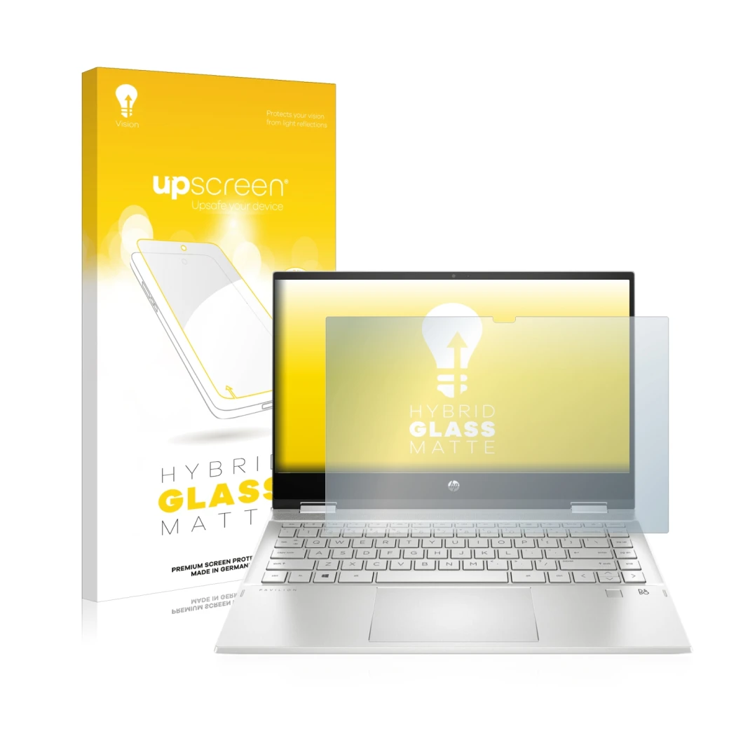 Vorderseite einer Produktverpackung mit dem Markenlogo upscreen. Daneben ist das Gerät HP Pavilion x360 (14-dwX) mit dem zugeh