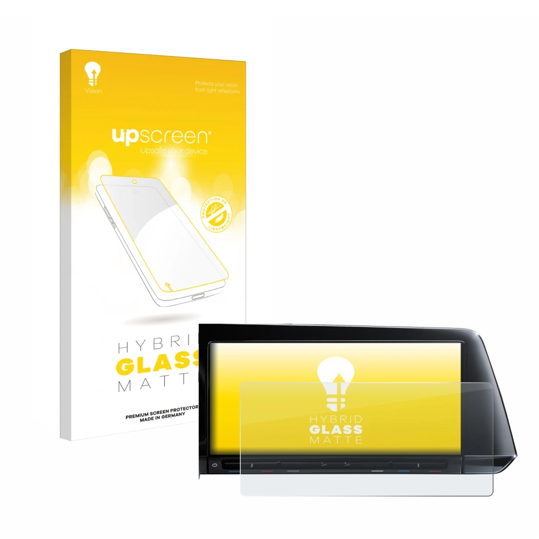 Vorderseite einer Produktverpackung mit dem Markenlogo upscreen. Daneben ist das Gerät Volkswagen Golf 8 2020 Discover Pro 10