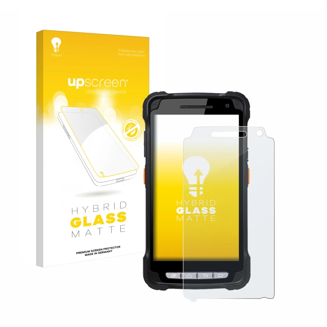 Vorderseite einer Produktverpackung mit dem Markenlogo upscreen. Daneben ist das Gerät Point Mobile PM90 mit dem zugehörigen D