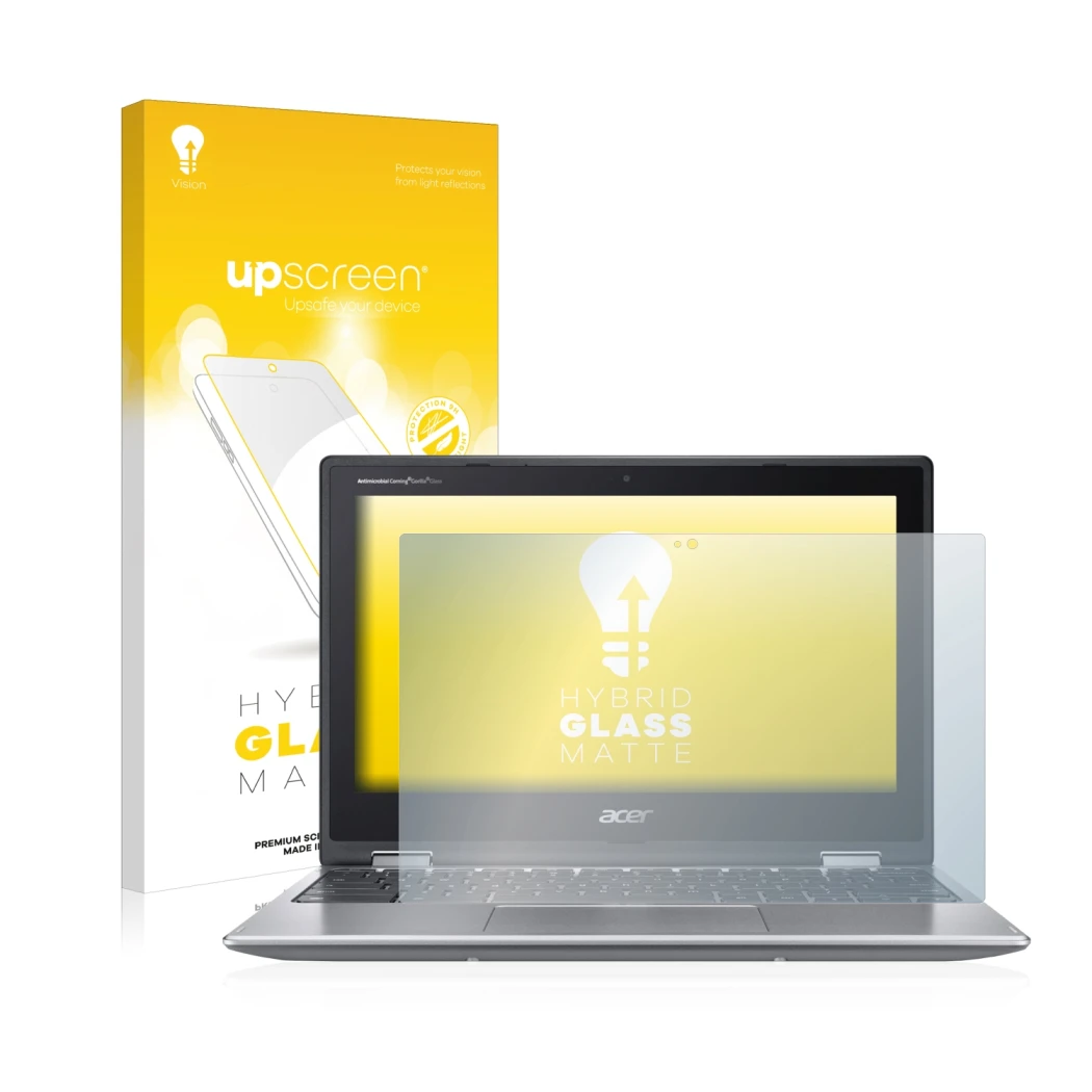 Vorderseite einer Produktverpackung mit dem Markenlogo upscreen. Daneben ist das Gerät Acer Chromebook Spin 311 mit dem zugehö