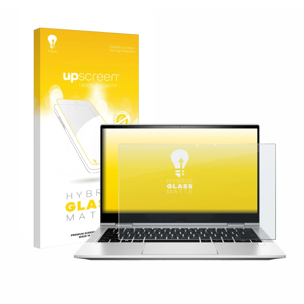 Vorderseite einer Produktverpackung mit dem Markenlogo upscreen. Daneben ist das Gerät HP EliteBook x360 830 G8 mit dem zugehö