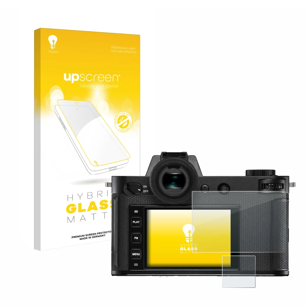 Vorderseite einer Produktverpackung mit dem Markenlogo upscreen. Daneben ist das Gerät Leica SL2-S mit dem zugehörigen Display