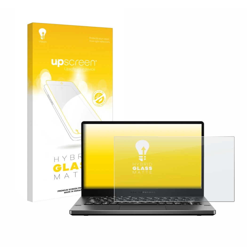 Vorderseite einer Produktverpackung mit dem Markenlogo upscreen. Daneben ist das Gerät ASUS ROG Zephyrus G14 GA401 mit dem zug